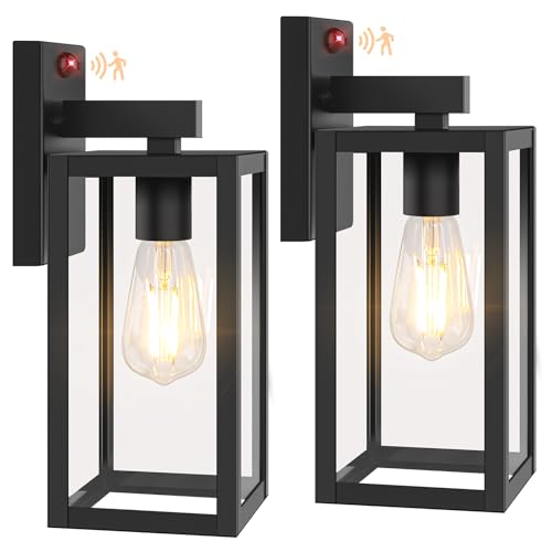BesLowe 13" Upgraded Motion Sensor Outdoor Wall Lights, 2-Pack Dusk to Dawn Porch Light Outdoor Wall Sconce Lanterns, 3 Lighting Modes Exterior Lighting Fixtures, Black Outside Lights for House Garage - Image 1