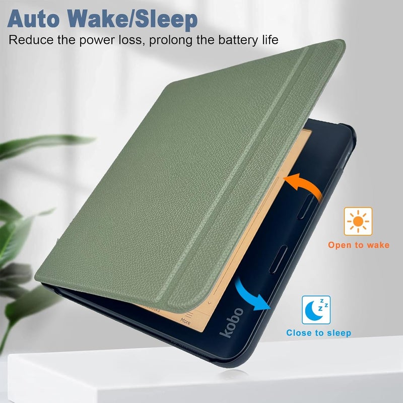 غلاف لجهاز Kobo Libra Colour (الطراز N428، إصدار 2024)، غلاف خارجي من الجلد الصناعي فائق الخفة مع خاصية التشغيل/الإيقاف التلقائي، أخضر - Image 3