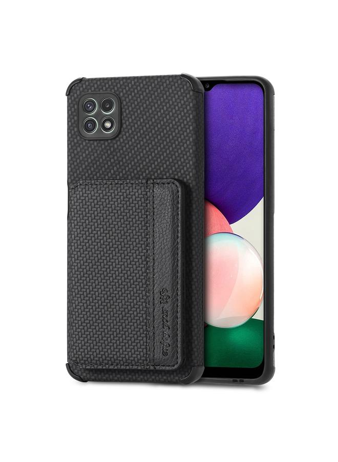 The Bros Case For Samsung Galaxy A22 5G Carbon Fiber Magnetic Card Bag TPU+PU Shockproof Back Cover Case with Holder & Card Slot & Photo Frame 