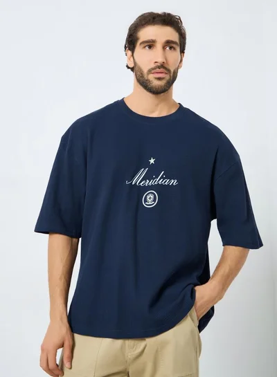 Styli Waffle Textured City Text Print Oversized T-Shirt
