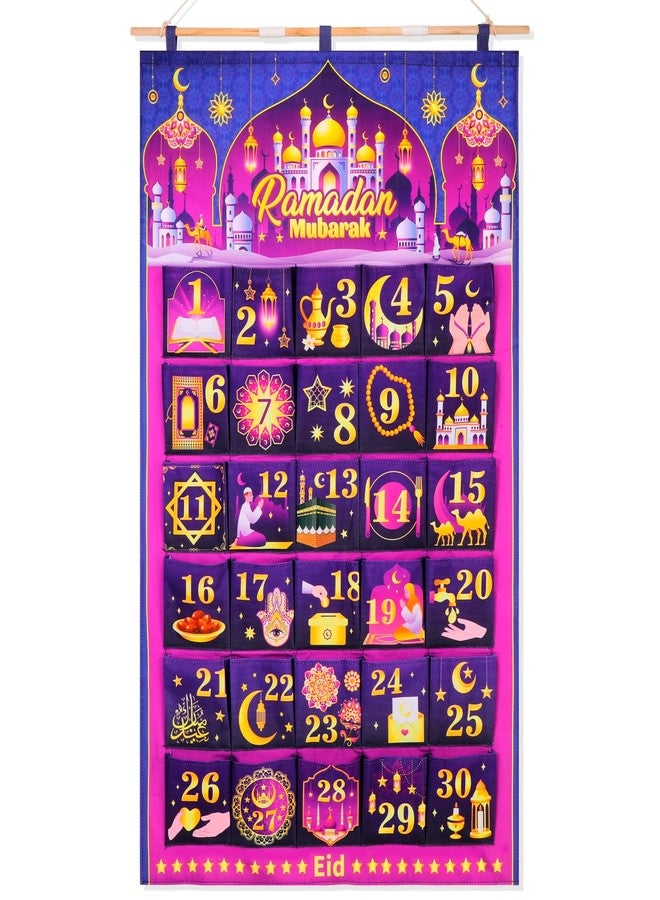 هواف تقويم رمضان مبارك من هواف (العد التنازلي للعيد)، 30 يومًا، مصنوع من قماش بنفسجي ذهبي، تقويم رمضان كريم للعد التنازلي مع 30 جيبًا لتزيين جدران المنزل في عيد مبارك - Image 1