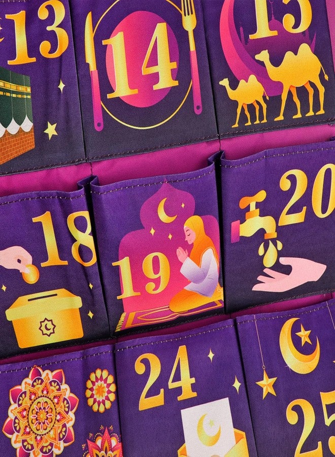 هواف تقويم رمضان مبارك من هواف (العد التنازلي للعيد)، 30 يومًا، مصنوع من قماش بنفسجي ذهبي، تقويم رمضان كريم للعد التنازلي مع 30 جيبًا لتزيين جدران المنزل في عيد مبارك - Image 5