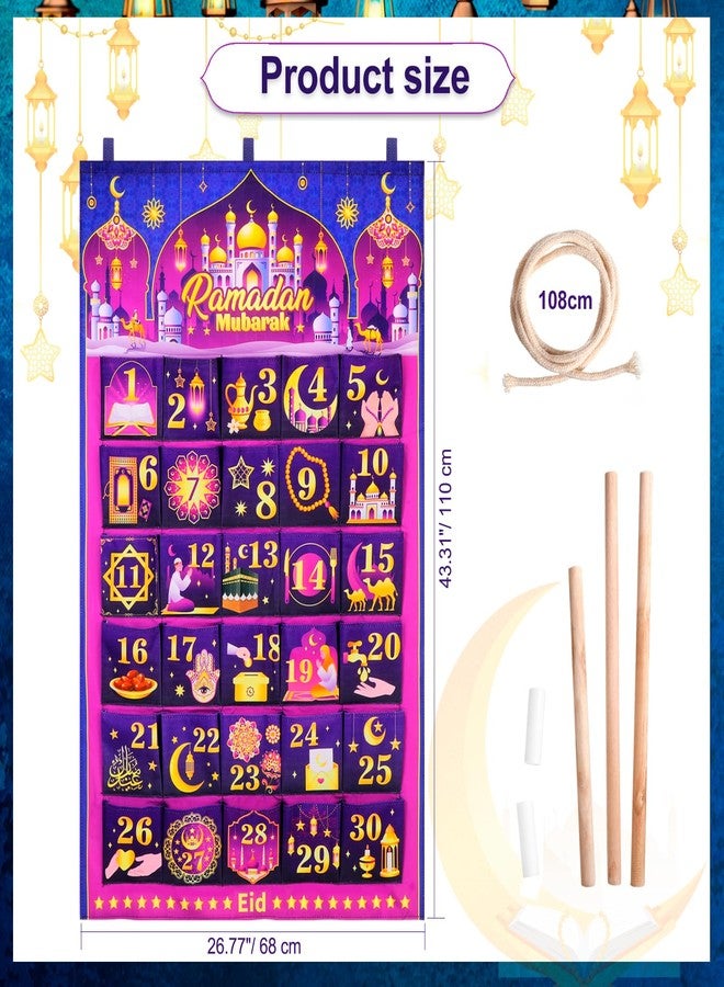 هواف تقويم رمضان مبارك من هواف (العد التنازلي للعيد)، 30 يومًا، مصنوع من قماش بنفسجي ذهبي، تقويم رمضان كريم للعد التنازلي مع 30 جيبًا لتزيين جدران المنزل في عيد مبارك - Image 3