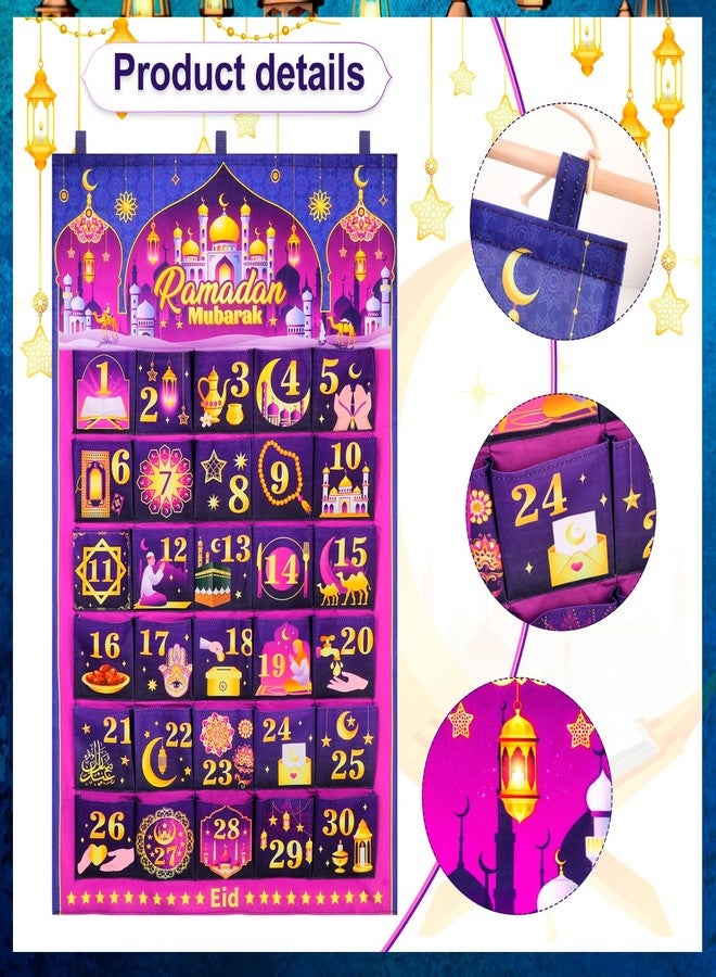 هواف تقويم رمضان مبارك من هواف (العد التنازلي للعيد)، 30 يومًا، مصنوع من قماش بنفسجي ذهبي، تقويم رمضان كريم للعد التنازلي مع 30 جيبًا لتزيين جدران المنزل في عيد مبارك - Image 2