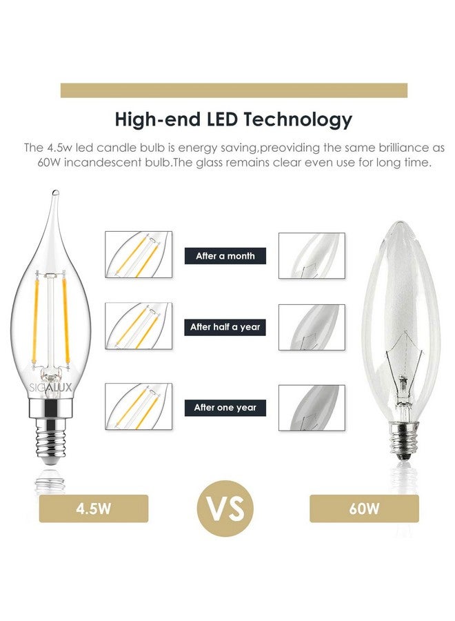 سيجالوكس لمبات إضاءة ثريا LED E12 بقاعدة شمعدان 60 وات قابلة للتعتيم، لمبات إضاءة شمعدان LED بطرف شعلة، 4.5 وات، 500 لومن 2700 كلفن أبيض ناعم، لمبات إضاءة شمعدان Ca10، 12 عبوة - Image 5