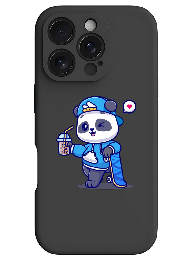 Theodor iPhone 16 Pro Black Protective Slim Fit Case Liquid Silicone Cover with Full Body Protection Anti-Scratch Shockproof Case For iPhone - Panda having Drink - Image 1