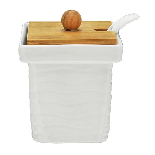 TAGROCK Ceramic Pickle Containers | Basic Ripple Style Kitchen Accessories Pickle Jars Square Shaped White With Brown Lid & Stand_Set Of 3 Pcs - Image 5