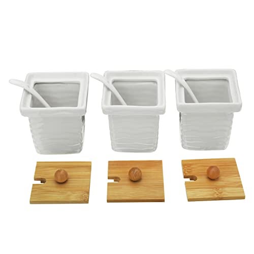 TAGROCK Ceramic Pickle Containers | Basic Ripple Style Kitchen Accessories Pickle Jars Square Shaped White With Brown Lid & Stand_Set Of 3 Pcs - Image 3
