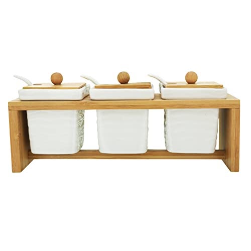 TAGROCK Ceramic Pickle Containers | Basic Ripple Style Kitchen Accessories Pickle Jars Square Shaped White With Brown Lid & Stand_Set Of 3 Pcs - Image 1