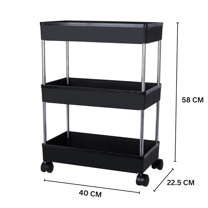 AEXONIZ TOYS AEXONIZ TOYS Slim Rack Shelf with WheelsPlastic Trays with Stainless Steel Kitchen Storage Trolley Space Saver OrganizerOnion Potato Rack Fruit Vegetable Stand for Kitchen 3 Layer Black  - Image 2