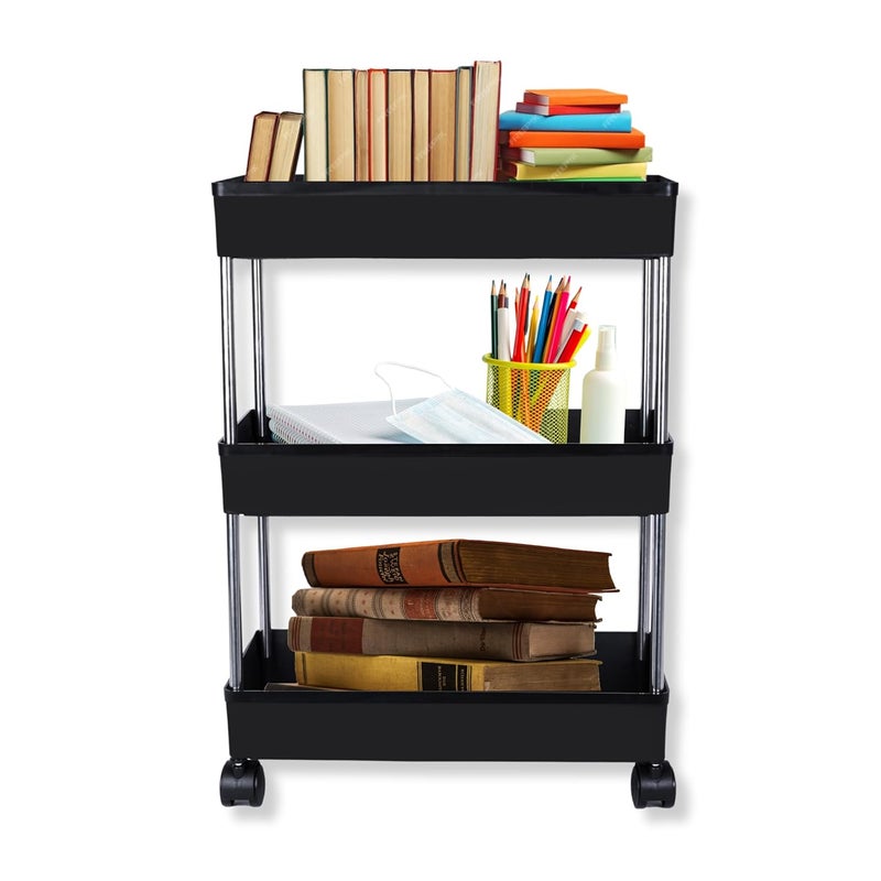 AEXONIZ TOYS AEXONIZ TOYS Slim Rack Shelf with WheelsPlastic Trays with Stainless Steel Kitchen Storage Trolley Space Saver OrganizerOnion Potato Rack Fruit Vegetable Stand for Kitchen 3 Layer Black  - Image 1