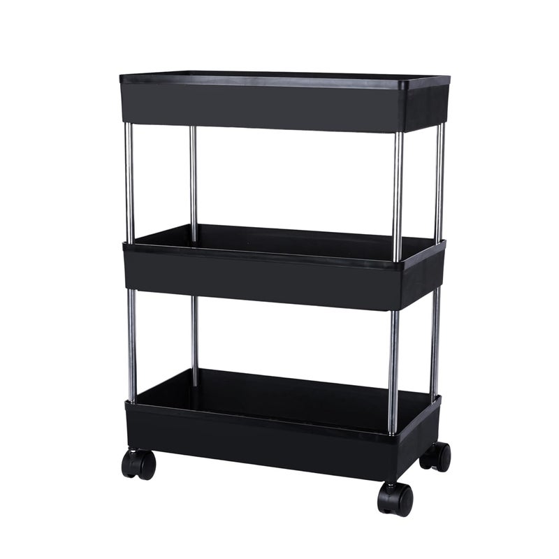 AEXONIZ TOYS AEXONIZ TOYS Slim Rack Shelf with WheelsPlastic Trays with Stainless Steel Kitchen Storage Trolley Space Saver OrganizerOnion Potato Rack Fruit Vegetable Stand for Kitchen 3 Layer Black  - Image 3