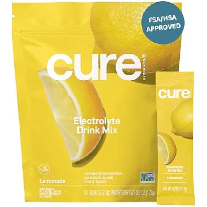 Cure Hydration | Plant-Based Electrolyte Drink Mix | No Added Sugar | FSA & HSA | Dehydration Relief Powder Made with Coconut Water | Non-GMO | Vegan | Pouch of 14 Packets - Lemonade - Image 1