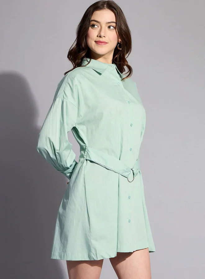 Freehand Freehand Women Green Belted Shirt Mini Dress