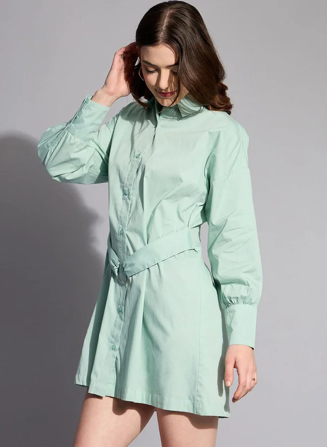 Freehand Freehand Women Green Belted Shirt Mini Dress