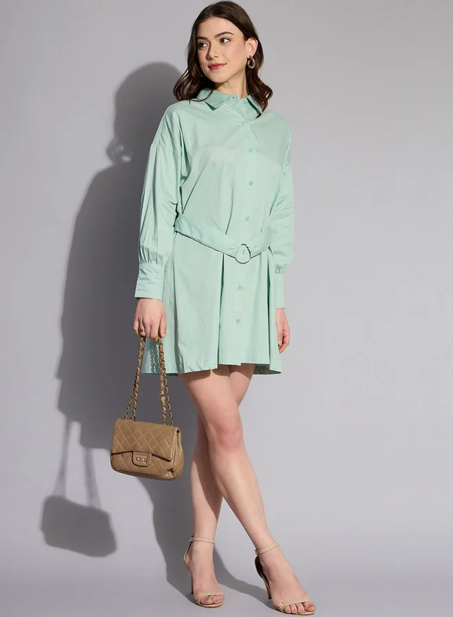 Freehand Freehand Women Green Belted Shirt Mini Dress