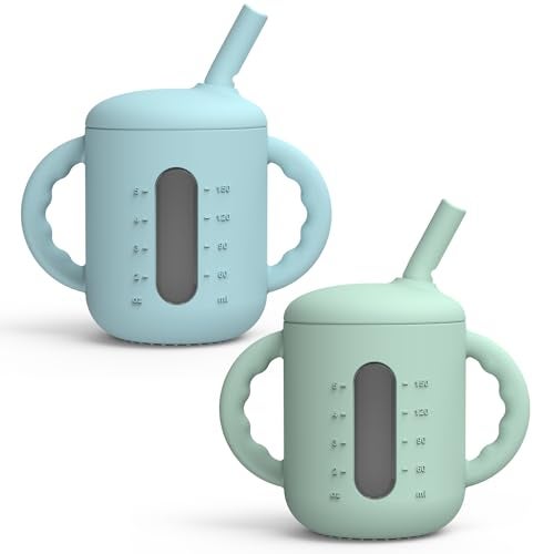Seposeve 2 Pack Silicone Sippy Cups, Leak-Proof Baby Straw Cup for 6-12 Months, Spill Proof Toddler Cup with Straw 1-3 Years, with Capacity Marking, Non-slip Handle, Flow Control, 6 oz, Green Blue - Image 1