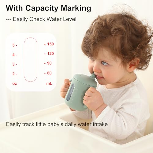 Seposeve 2 Pack Silicone Sippy Cups, Leak-Proof Baby Straw Cup for 6-12 Months, Spill Proof Toddler Cup with Straw 1-3 Years, with Capacity Marking, Non-slip Handle, Flow Control, 6 oz, Green Blue - Image 5