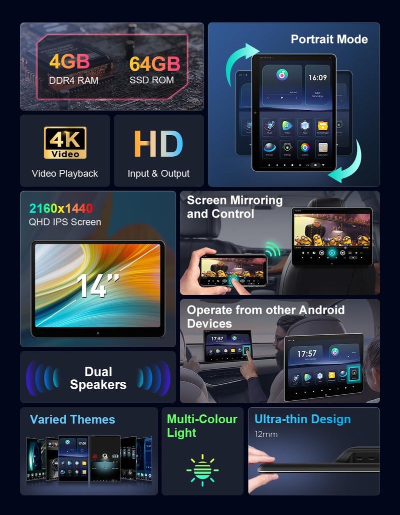 Xtrons شاشة رأسية محمولة للسيارة XTRONS بحجم 14 بوصة بدقة 4K مع أندرويد 11 - Image 2