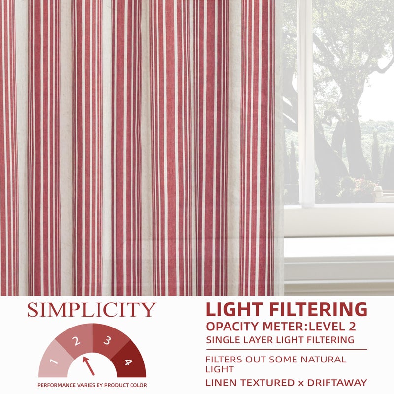 DriftAway Farmhouse Curtains for Living Room Vertical Striped Linen Curtains Semi Sheer Light Filtering Grommet Window Treatments, 84 Inches Long, 2 Panels, Red on Beige - Image 3