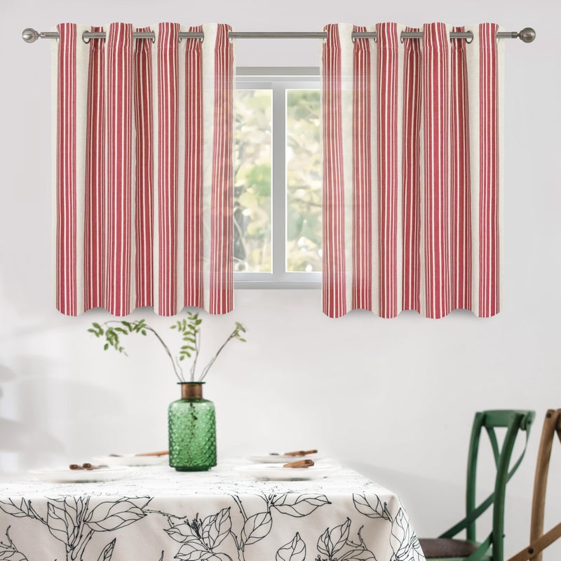 DriftAway Farmhouse Curtains for Living Room Vertical Striped Linen Curtains Semi Sheer Light Filtering Grommet Window Treatments, 84 Inches Long, 2 Panels, Red on Beige - Image 1