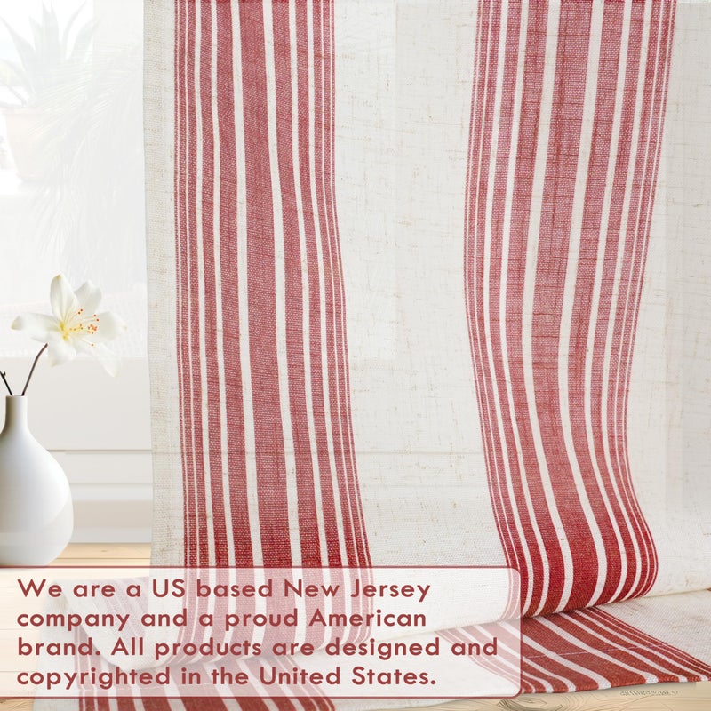 DriftAway Farmhouse Curtains for Living Room Vertical Striped Linen Curtains Semi Sheer Light Filtering Grommet Window Treatments, 84 Inches Long, 2 Panels, Red on Beige - Image 5