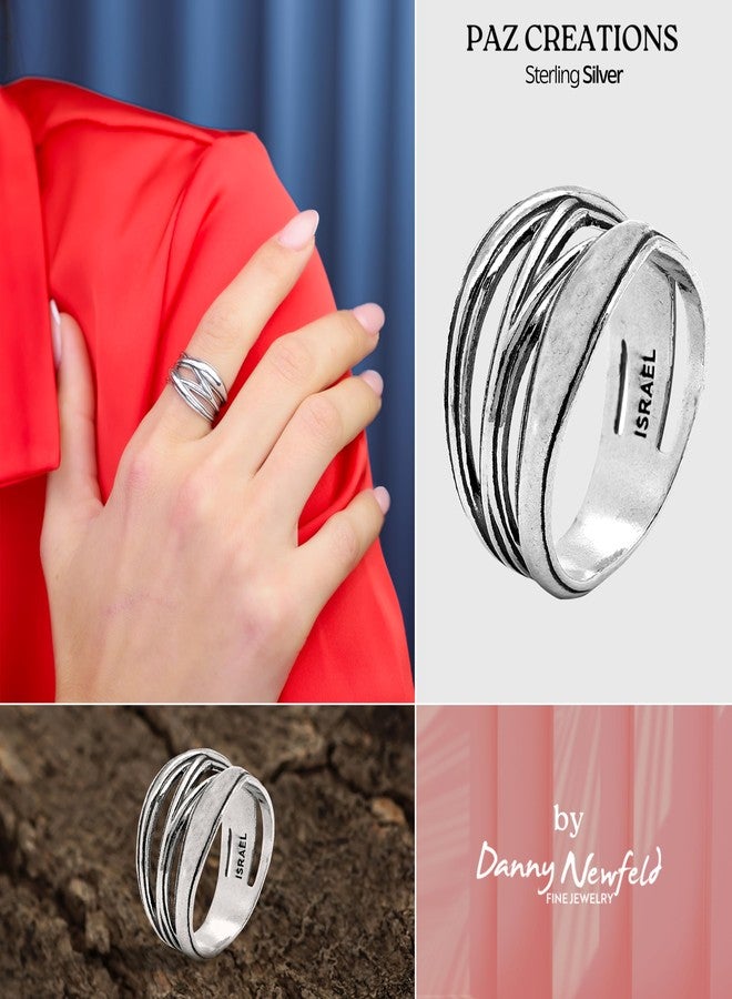 PZ Paz Creations 925 Sterling Silver Criss Cross Statement Ring For Women, Artisan Handcrafted Designer with 1 Year Warranty, Silver Plated, Size 8 - Image 4