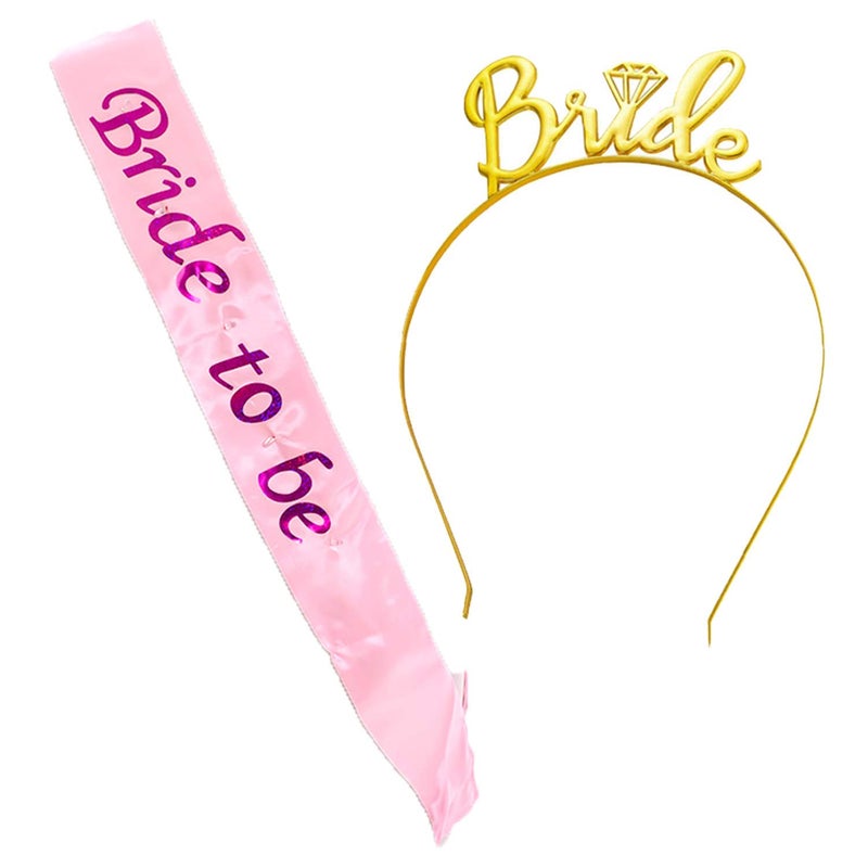Partytoko Bride to Be Sash and Tiara Combo Set for Bachelorette Parties Gold Crown and Pink sash 2pcs Set - Image 1