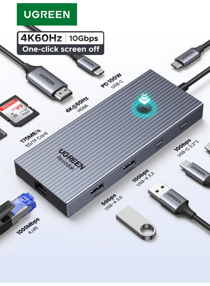 Ugreen USB C Hub 9-in-1 Type C to HDMI Splitter Docking Station with Screen On/Off Button 4k@60Hz HDMI+100W Fast Charging 2 USB C 10Gpbs+1 USB A 10Gpbs & USB A 5Gbps + 2 SD TF Card Reader +1000Mbps Ethernet - Image 1