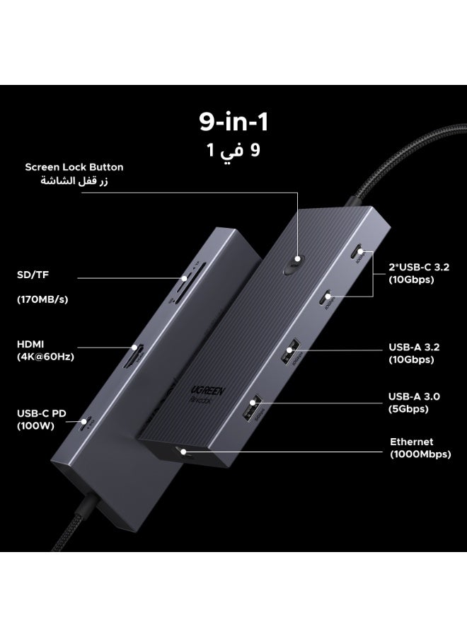 Ugreen USB C Hub 9-in-1 Type C to HDMI Splitter Docking Station with Screen On/Off Button 4k@60Hz HDMI+100W Fast Charging 2 USB C 10Gpbs+1 USB A 10Gpbs & USB A 5Gbps + 2 SD TF Card Reader +1000Mbps Ethernet - Image 2