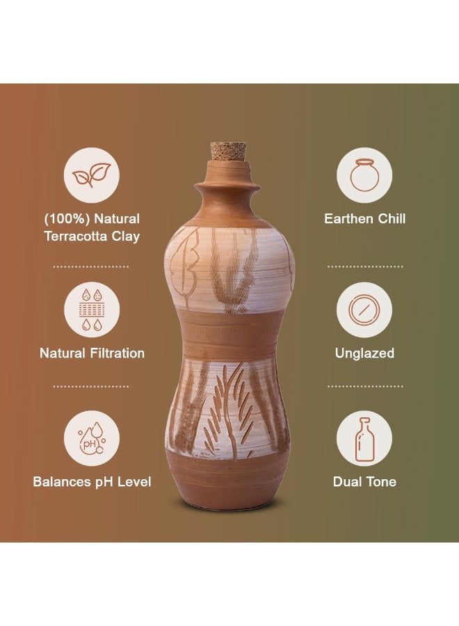 ارك زجاجة ماء من الطين المحروق من ARK، مصنوعة يدويًا | زجاجة ميتي بسدادة فلين | تصميم فاخر منحوت | تصميم فني بأوراق شجر ثنائية اللون | تبريد طبيعي | صديقة للبيئة | 800 مل - Image 4