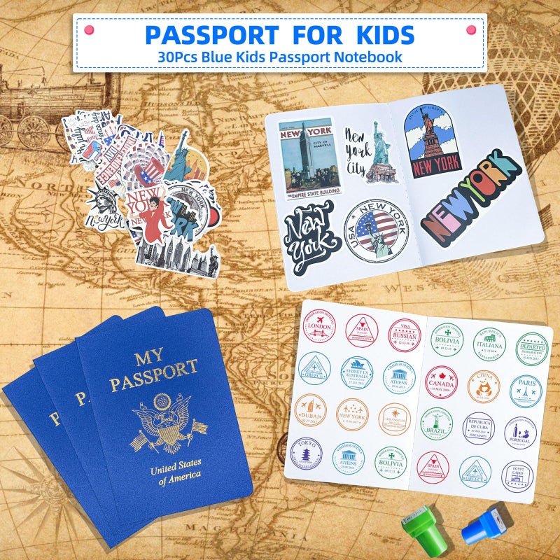 Xiisvint 30 Pcs Blank Passport Notebook Blue Passport Book Fake Passport Travel Journal Sticker Collection Book For Kids School Projects World Travel Pretend Activity Party Favors  5.51X3.9 Inch - Image 4