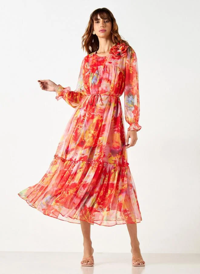 2Xtremz 2Xtremz All-Over Print Dress with Volume Sleeves and Tie-Up Belt