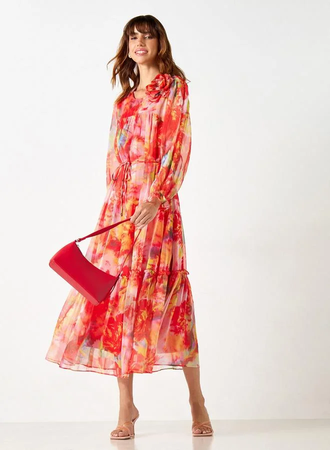 2Xtremz 2Xtremz All-Over Print Dress with Volume Sleeves and Tie-Up Belt