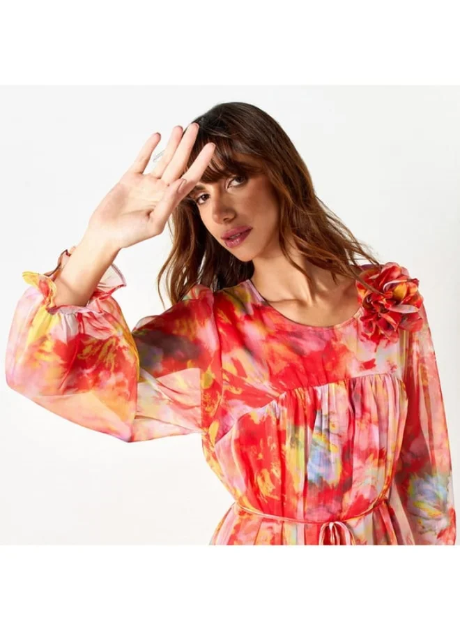2Xtremz 2Xtremz All-Over Print Dress with Volume Sleeves and Tie-Up Belt