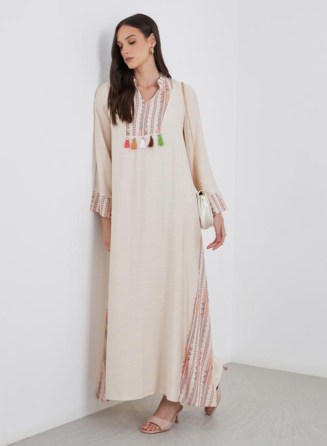 Styli Embroidered Jalabiya with Tassel Trim - Image 1
