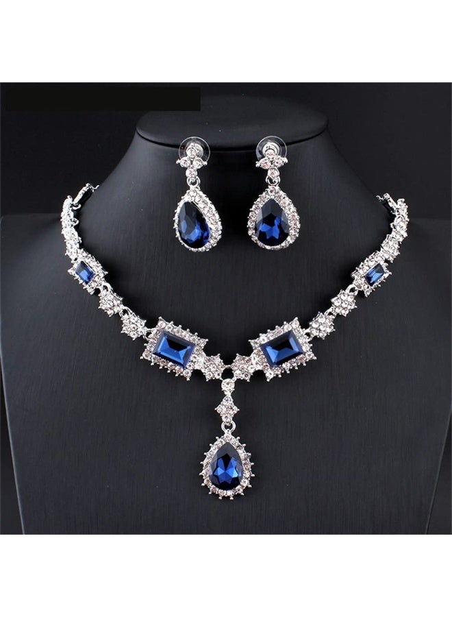 Bukela Blue Artificial Gemstone Necklace Earrings Set Banquet Collarbone Chain Bridal Accessory - Image 2