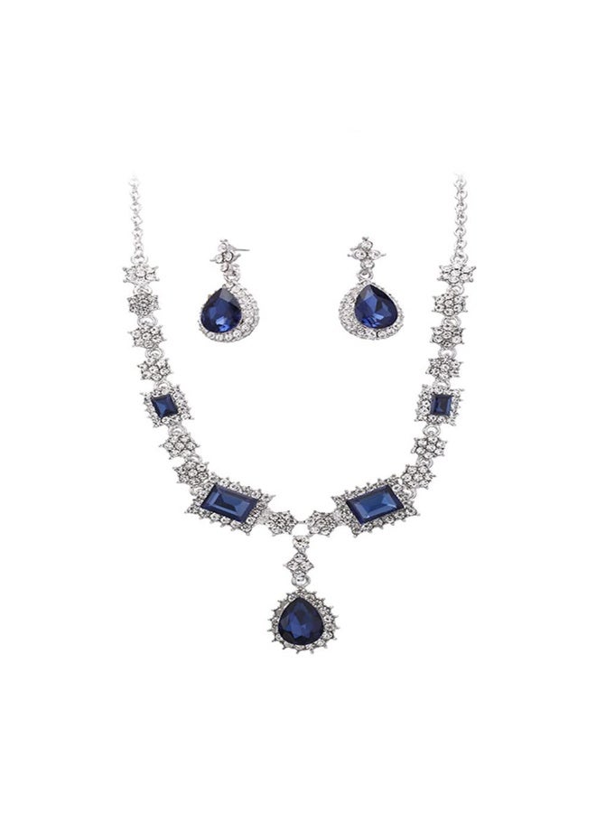 Bukela Blue Artificial Gemstone Necklace Earrings Set Banquet Collarbone Chain Bridal Accessory - Image 5