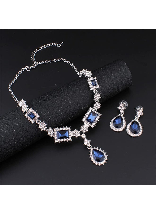 Bukela Blue Artificial Gemstone Necklace Earrings Set Banquet Collarbone Chain Bridal Accessory - Image 3