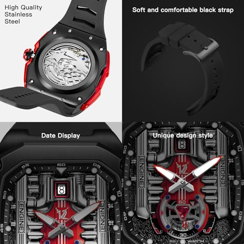 LILUOKE Phantom Engine Watch – Men's Luxury Sports Watch Inspired by Rolls-Royes V12 Engine Design, Skeleton Dial, Luminous Hands, Silicone Strap – (DT-LK9031G-02) - Image 4