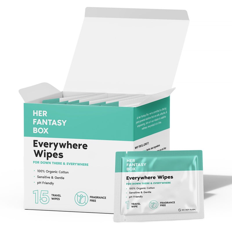 Her Fantasy Box Everywhere Wipes 100 Organic Cotton Gentle Refreshing pHBalanced FragranceFree PlantPowered for Body Face Intimate Areas Ideal for Sensitive Skin 1 Pack 15 Wipes - Image 1
