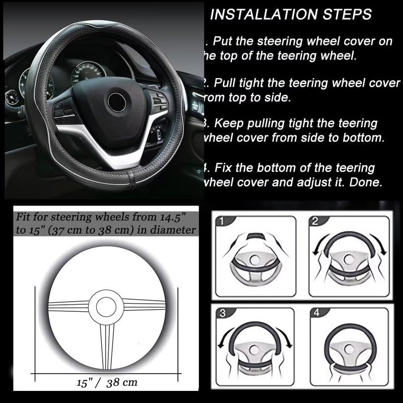 Rueesh Microfiber Leather Steering Wheel Cover Anti-Slip Matte Finish Auto Car Wheel Cover Universal 15 Inch Wheel Cover For Car Embossing Pattern (M (14.5 ""-15 "" Diameter)  White Line) - Image 2