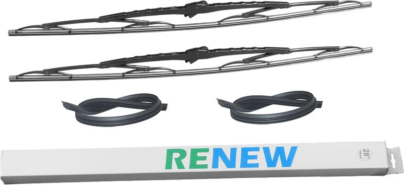 Renew 28 Inch Wiper Blade Pair for RV or Motorhome with 12mm J Hook and 2 Rubber Refills - Image 1