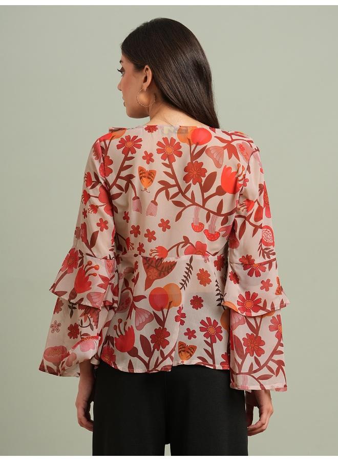 جلو باص بلوزة نسائية جورجيت بطبعات زهور وأكمام الجرس وياقة على شكل حرف  وتفاصيل مكشكشة - Image 4