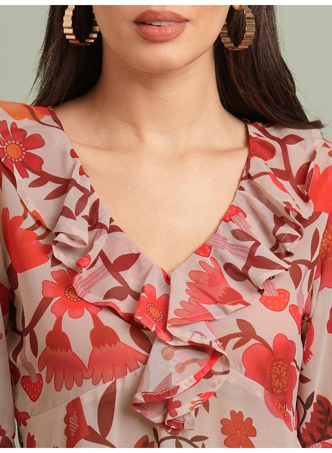 جلو باص بلوزة نسائية جورجيت بطبعات زهور وأكمام الجرس وياقة على شكل حرف  وتفاصيل مكشكشة - Image 5