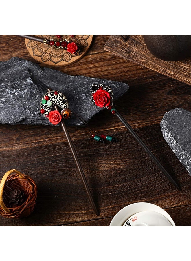 مجموعة مكونة من قطعتين من أعواد الشعر، مشابك شعر خشبية عتيقة، أعواد شعر مزخرفة بالزهور مصنوعة يدويًا من الخشب، إكسسوارات شعر كلاسيكية للشعر الطويل والمجعد للنساء. - Image 4