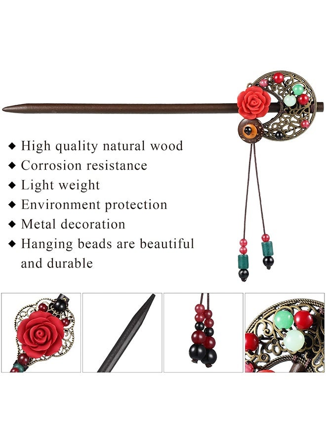 مجموعة مكونة من قطعتين من أعواد الشعر، مشابك شعر خشبية عتيقة، أعواد شعر مزخرفة بالزهور مصنوعة يدويًا من الخشب، إكسسوارات شعر كلاسيكية للشعر الطويل والمجعد للنساء. - Image 3