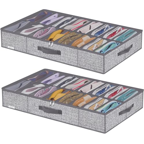 Onlyeasy Sturdy Under Bed Shoe Storage Organizers with Handles & Clear Window (16 to 32 Pairs) 2 Pack, Closet Shoes Containers Boxes for Kids & Adults, 37.7"x23.6"x5.9", Linen-like Grey, MXDUBS16P2 - Image 1
