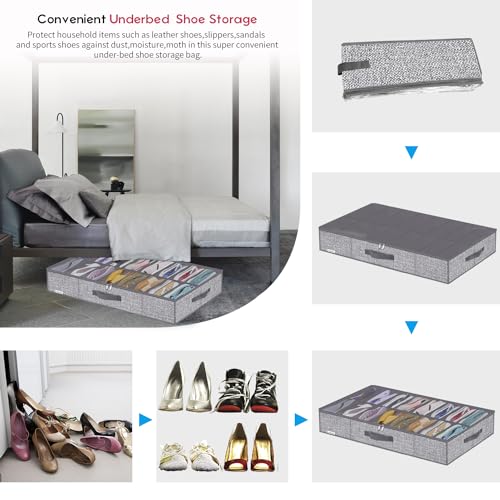 Onlyeasy Sturdy Under Bed Shoe Storage Organizers with Handles & Clear Window (16 to 32 Pairs) 2 Pack, Closet Shoes Containers Boxes for Kids & Adults, 37.7"x23.6"x5.9", Linen-like Grey, MXDUBS16P2 - Image 5