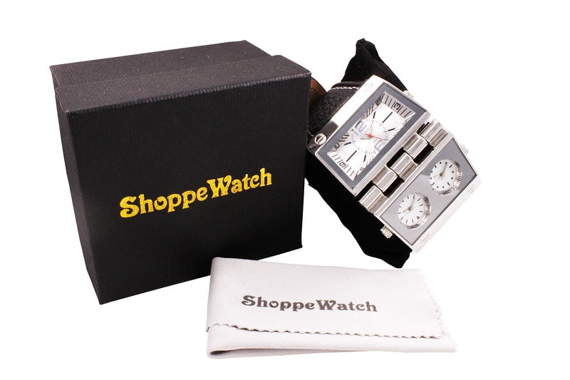 ShoppeWatch ساعة شوب ووتش للرجال بوجه كبير حجم زائد ثلاث مناطق زمنية متعددة القرص حزام جلد OM-165 - Image 5